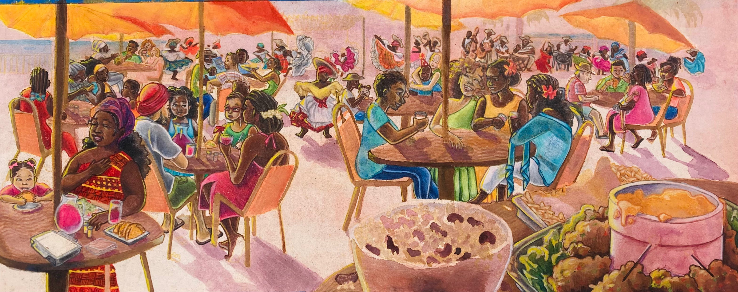 Colorful painting of a lively outdoor cafe scene with people dining and socializing.